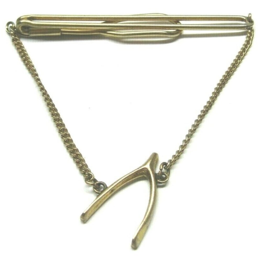 Swank Tie Clip Wishbone Luck Pendant Chain Gold Mens Formal Wear